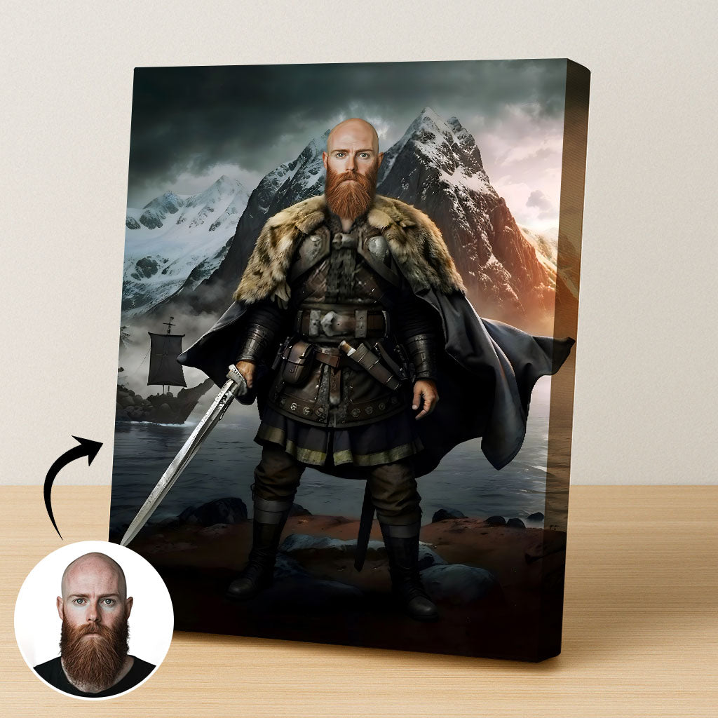 Custom Viking Warrior Portrait – Bearded Man with Sword and Cape