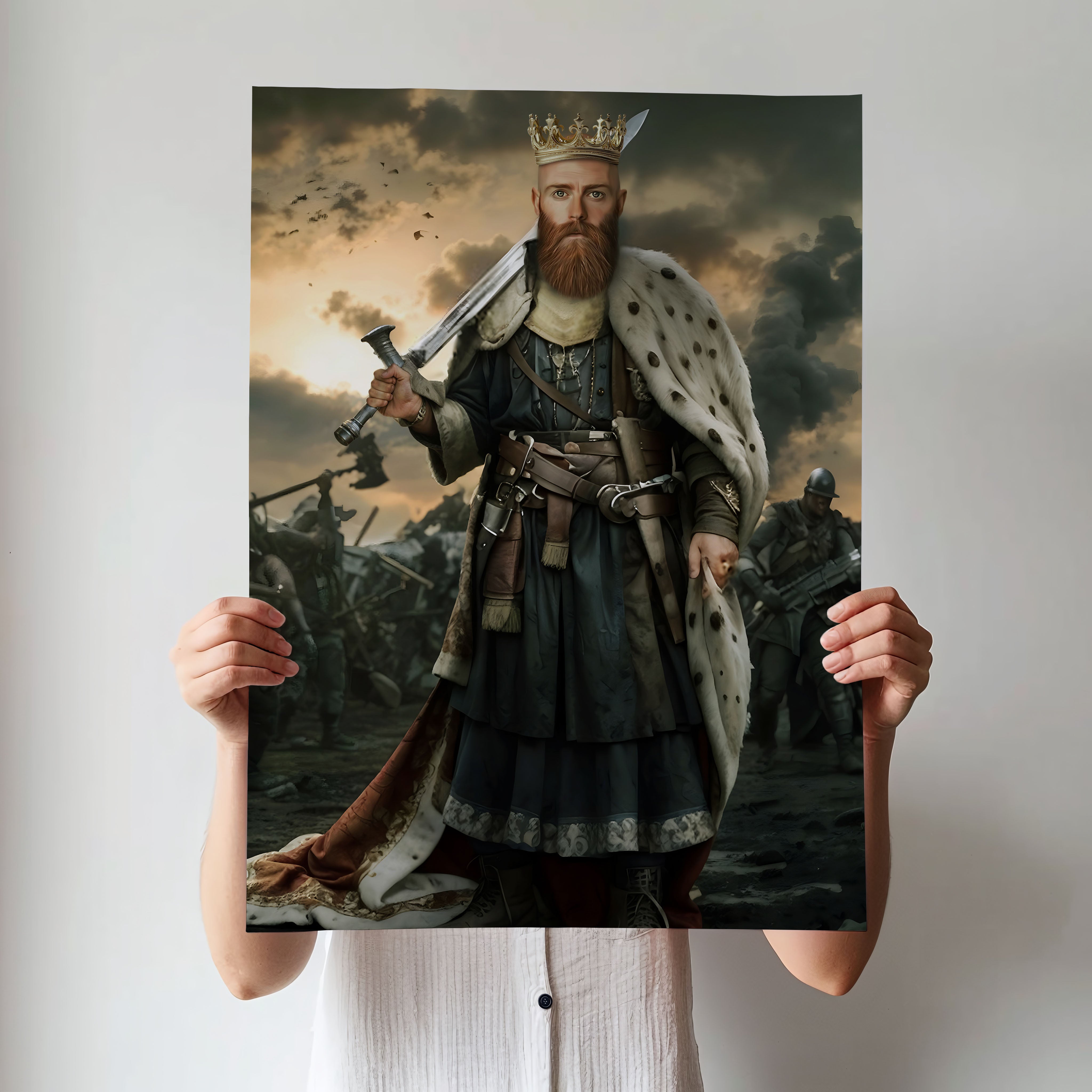 Custom Warrior King Portrait – Man with Crown and Sword in Battle