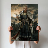 Custom Warrior King Portrait – Man with Crown and Sword in Battle