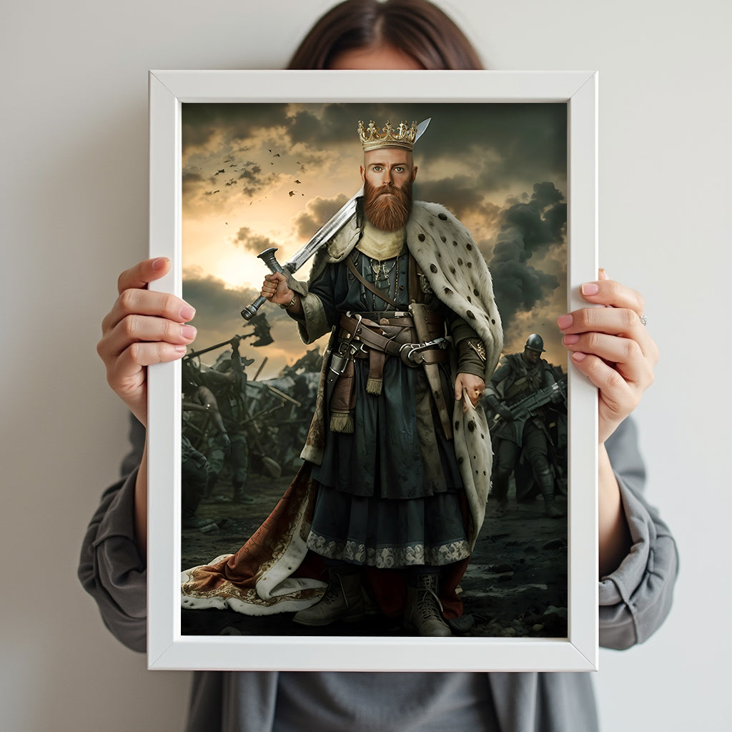 Custom Warrior King Portrait – Man with Crown and Sword in Battle