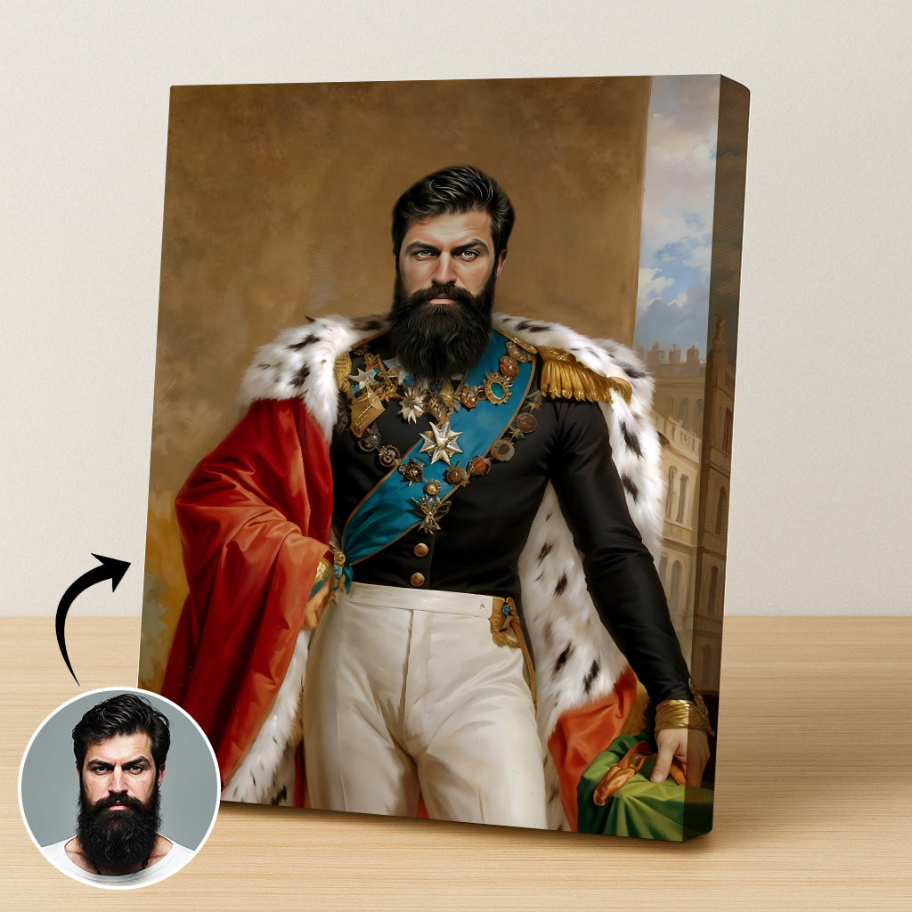 Custom Imperial Portrait – Man in Red Cape and Blue Sash with Medals