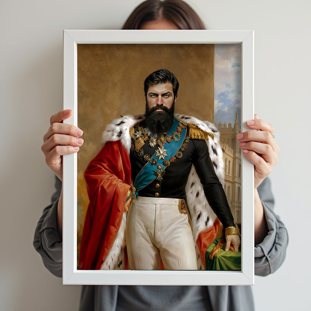 Custom Imperial Portrait – Man in Red Cape and Blue Sash with Medals