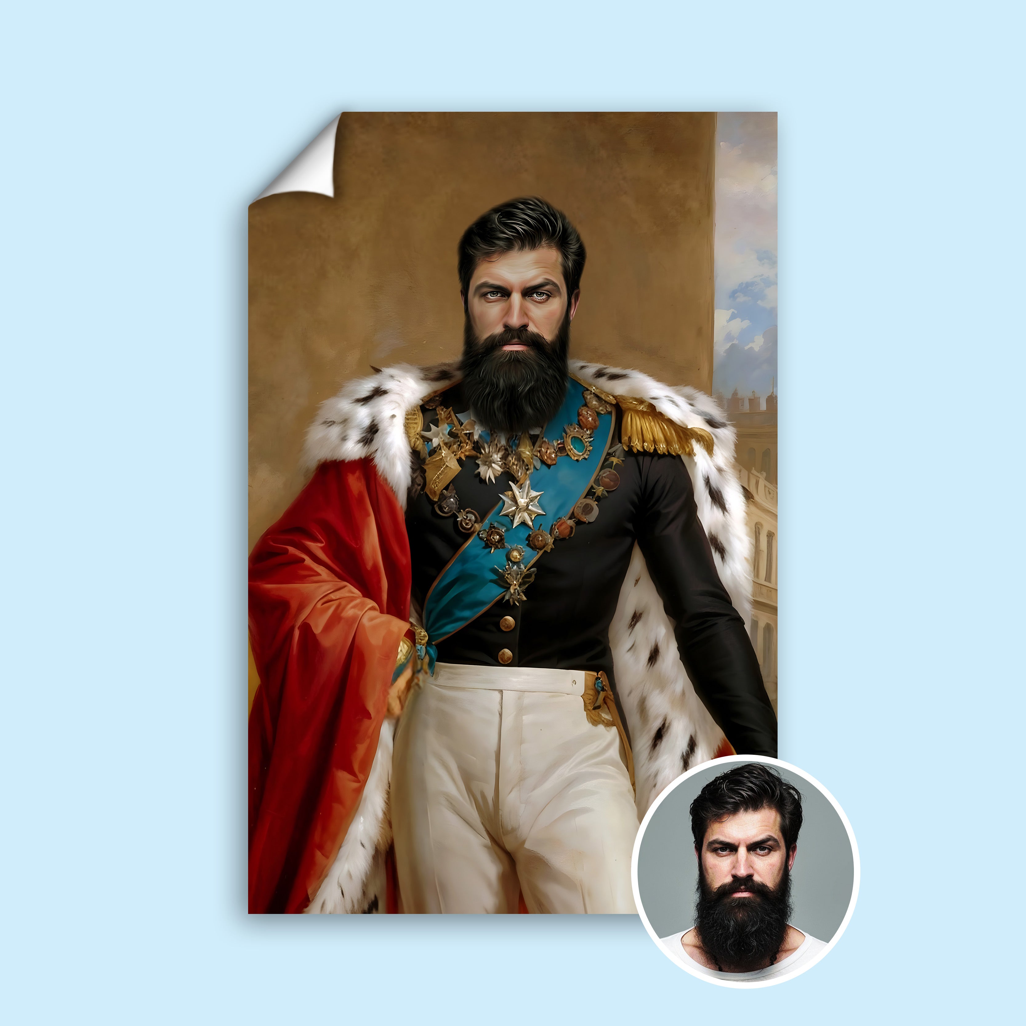Custom Imperial Portrait – Man in Red Cape and Blue Sash with Medals