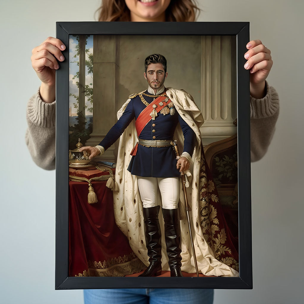 Custom Crown Prince Portrait – Man in Blue Coat with Red Sash and Cape