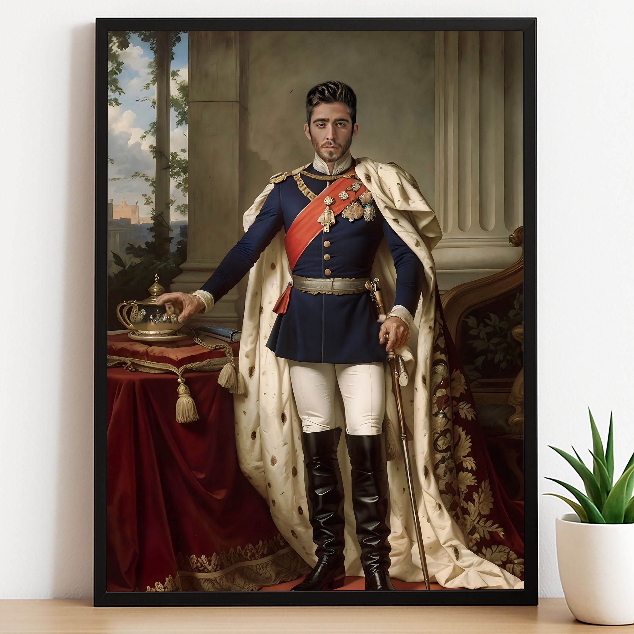 Custom Crown Prince Portrait – Man in Blue Coat with Red Sash and Cape