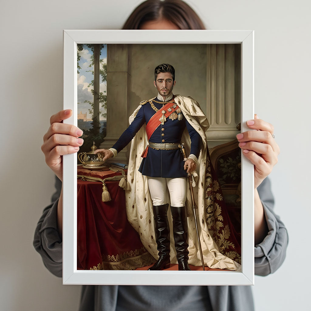 Custom Crown Prince Portrait – Man in Blue Coat with Red Sash and Cape