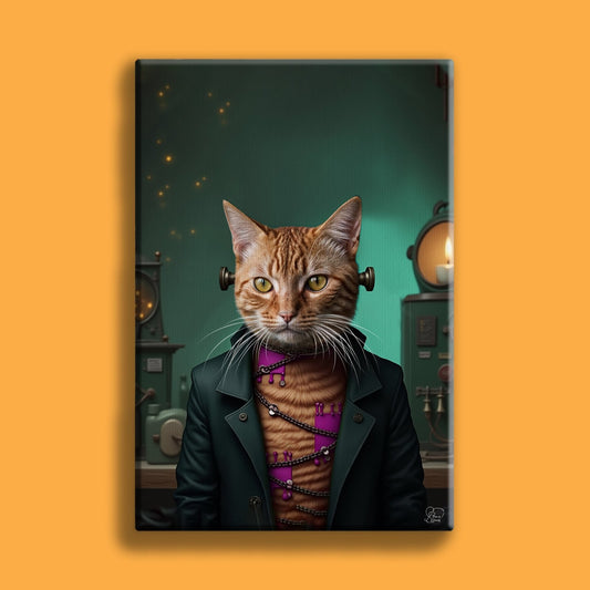 Custom Halloween pet portrait featuring a dog or cat in a spooky Halloween theme, like a ghost, witch, or pumpkin, with fun and eerie details