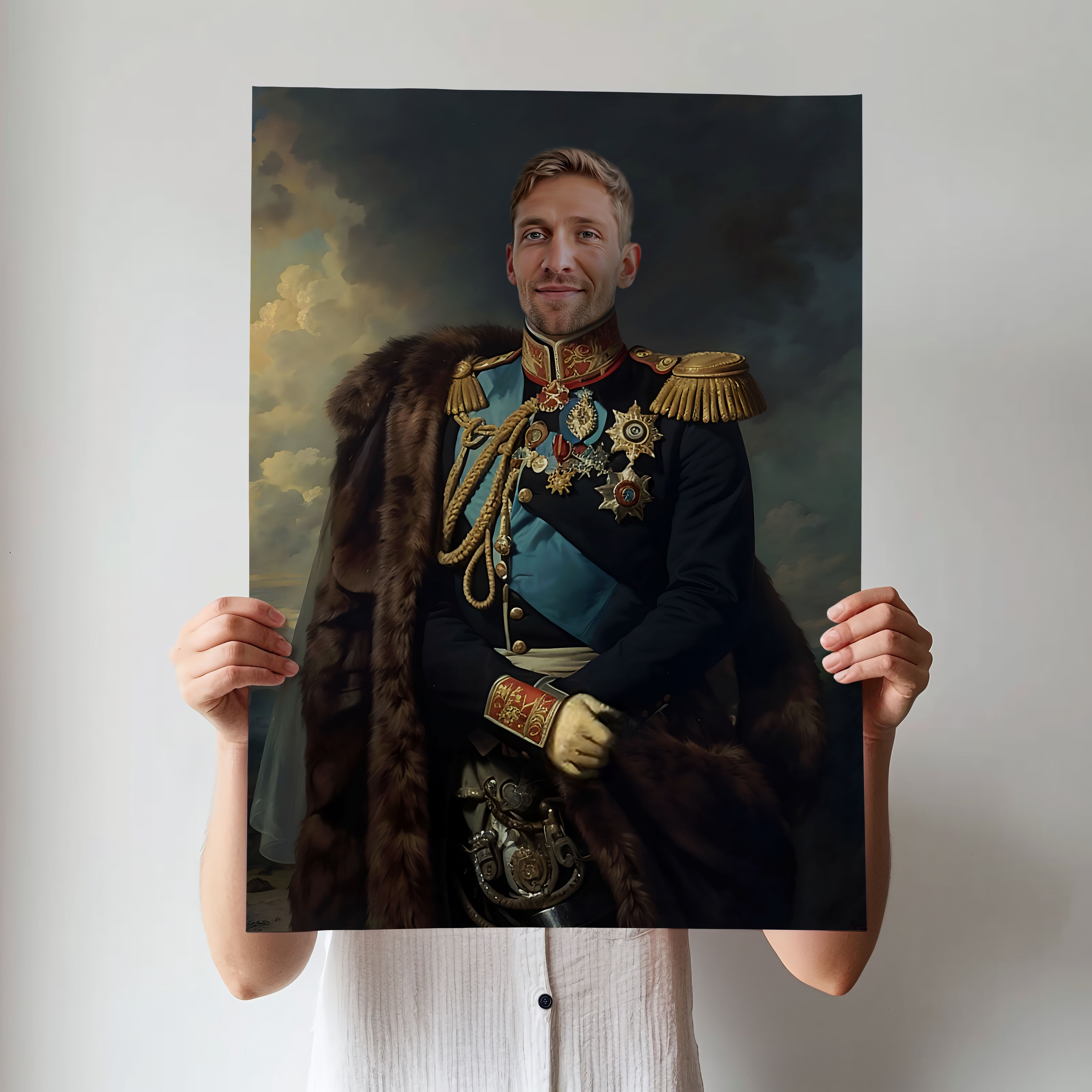 Custom Royal Military Portrait – Man in Blue Uniform with Fur Cape