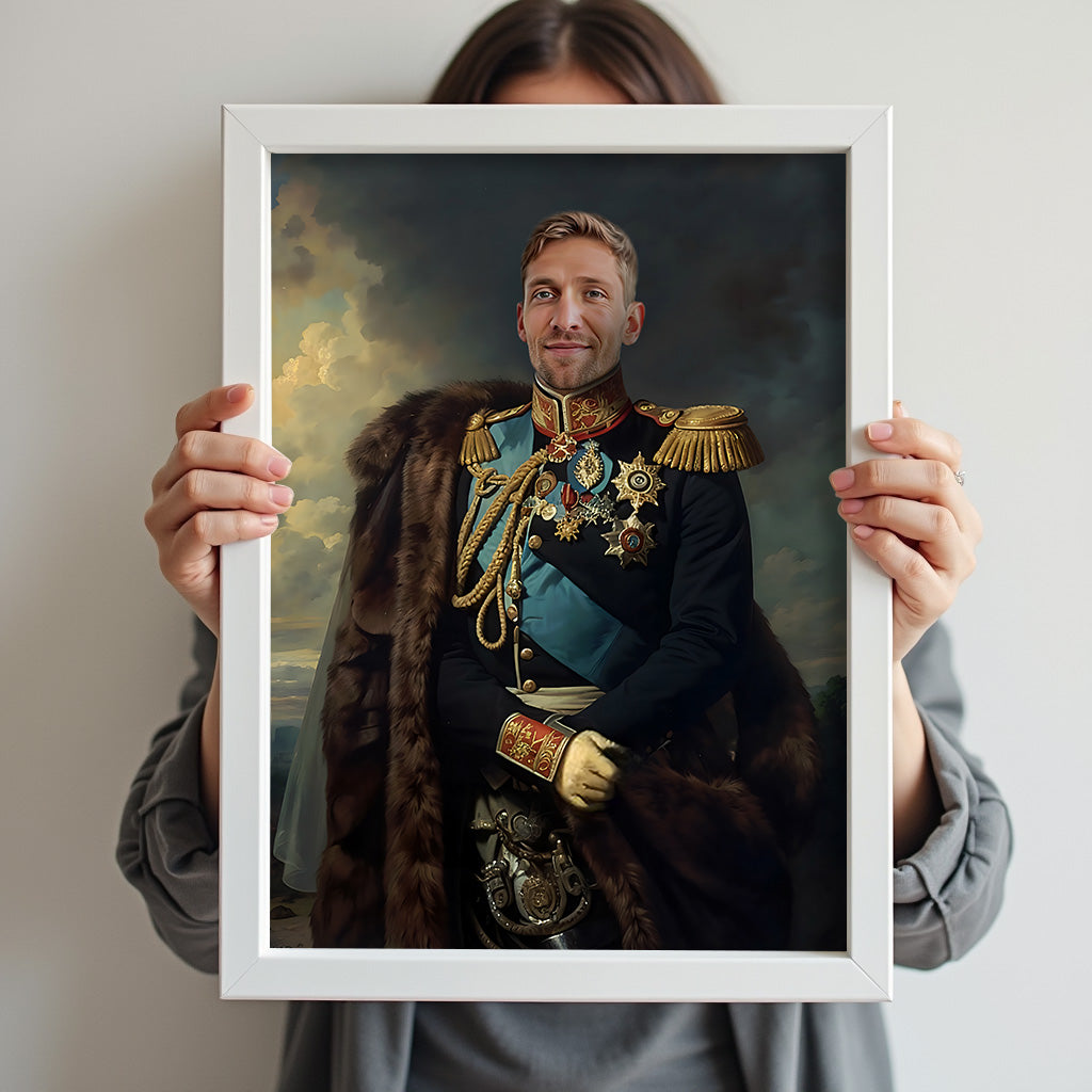 Custom Royal Military Portrait – Man in Blue Uniform with Fur Cape