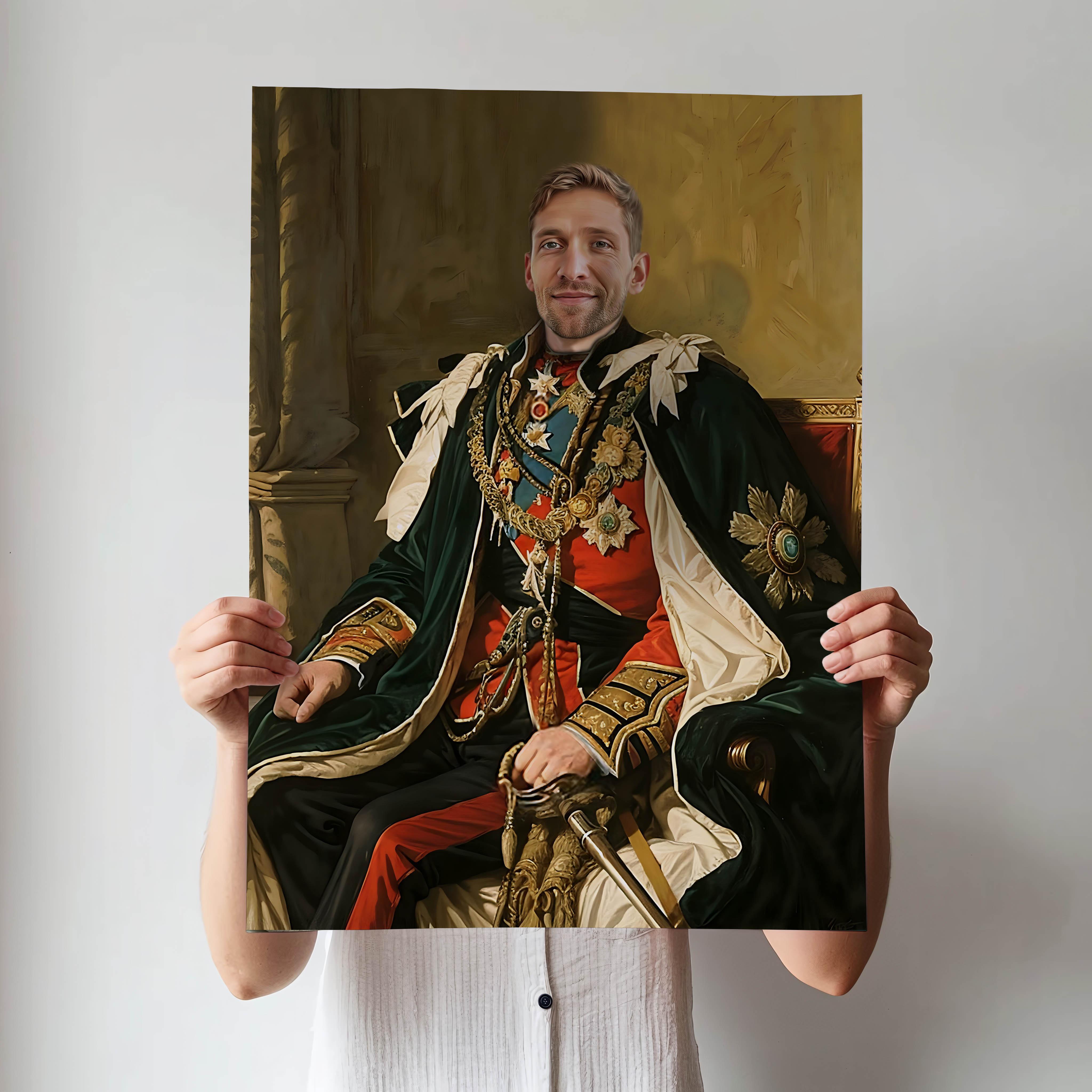 Custom Seated Commander Portrait – Man in Green Royal Robe with Sword