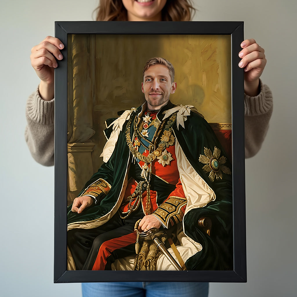 Custom Seated Commander Portrait – Man in Green Royal Robe with Sword