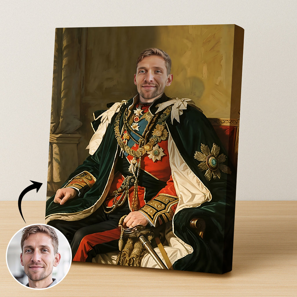 Custom Seated Commander Portrait – Man in Green Royal Robe with Sword