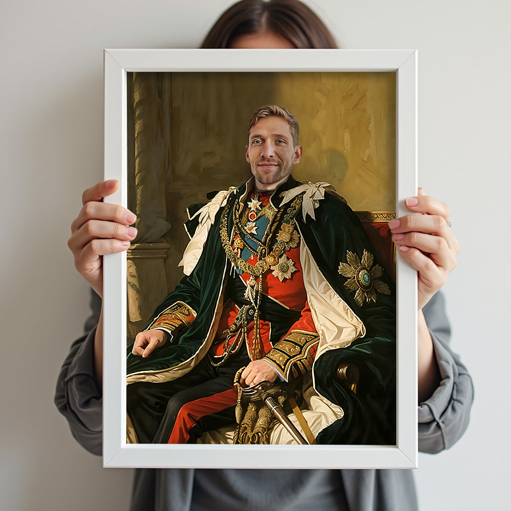 Custom Seated Commander Portrait – Man in Green Royal Robe with Sword