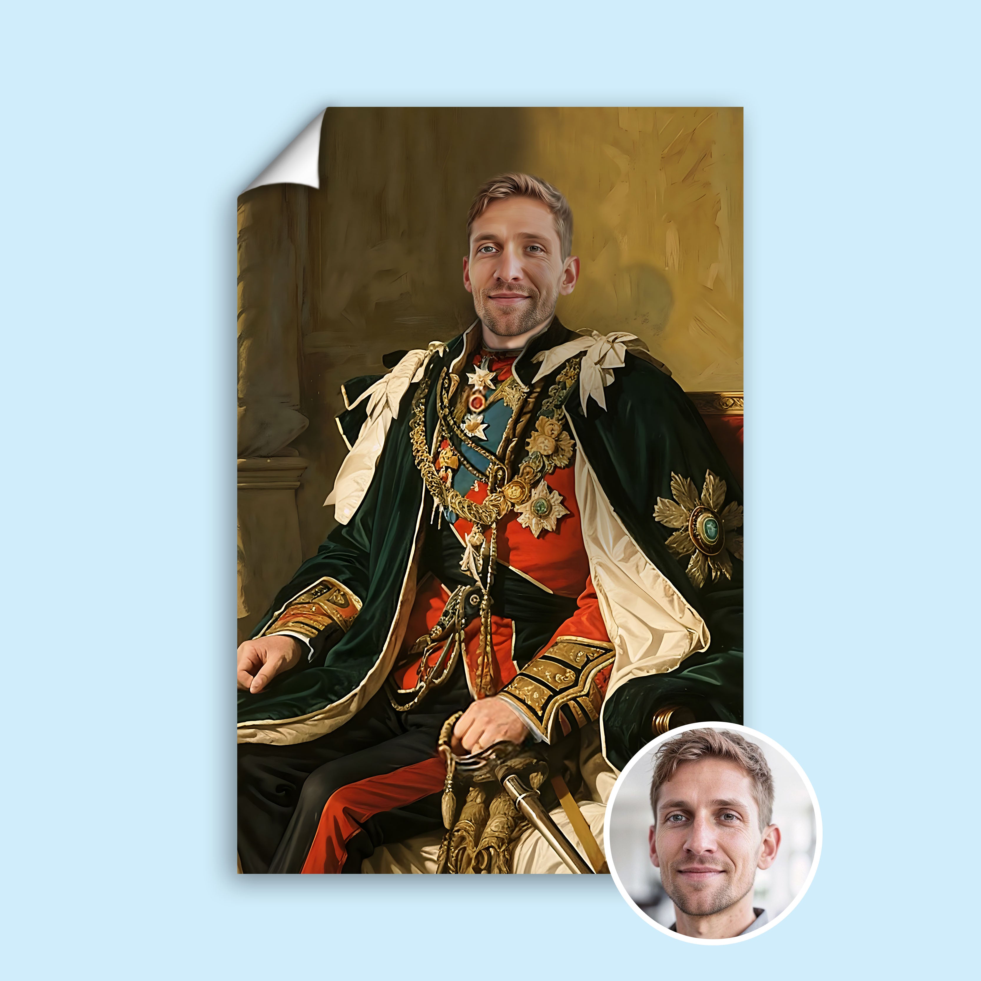 Custom Seated Commander Portrait – Man in Green Royal Robe with Sword