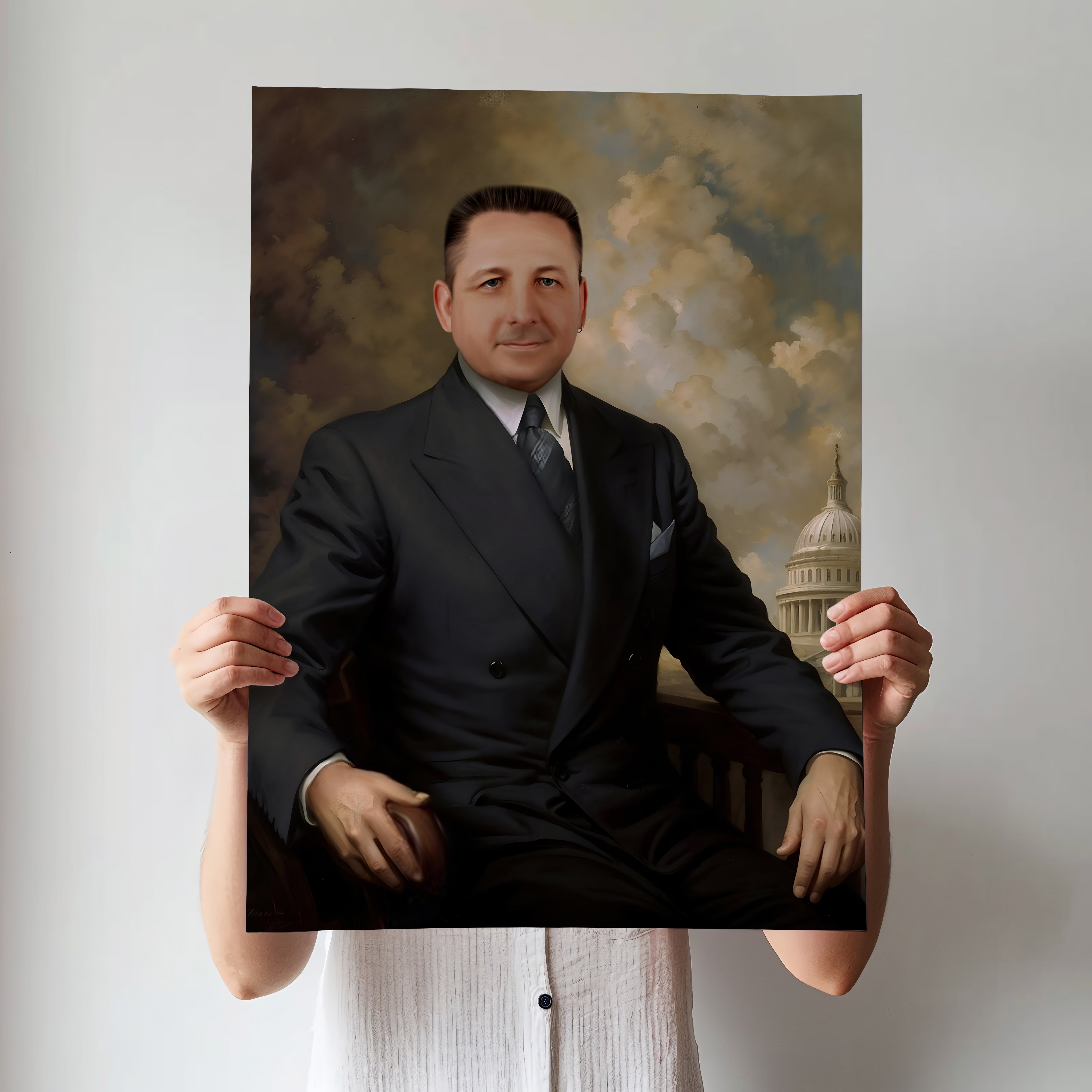 Custom Statesman Portrait – Man in Black Suit with Capitol Background