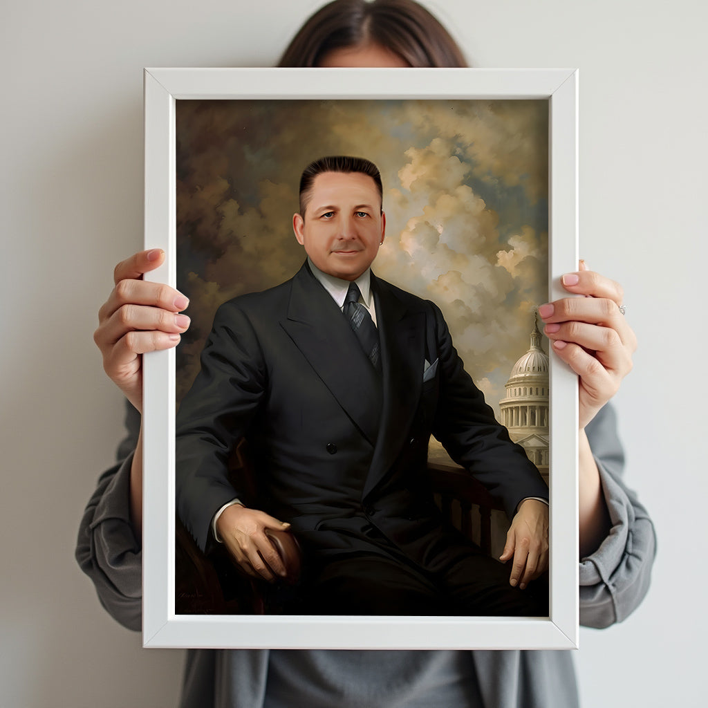 Custom Statesman Portrait – Man in Black Suit with Capitol Background