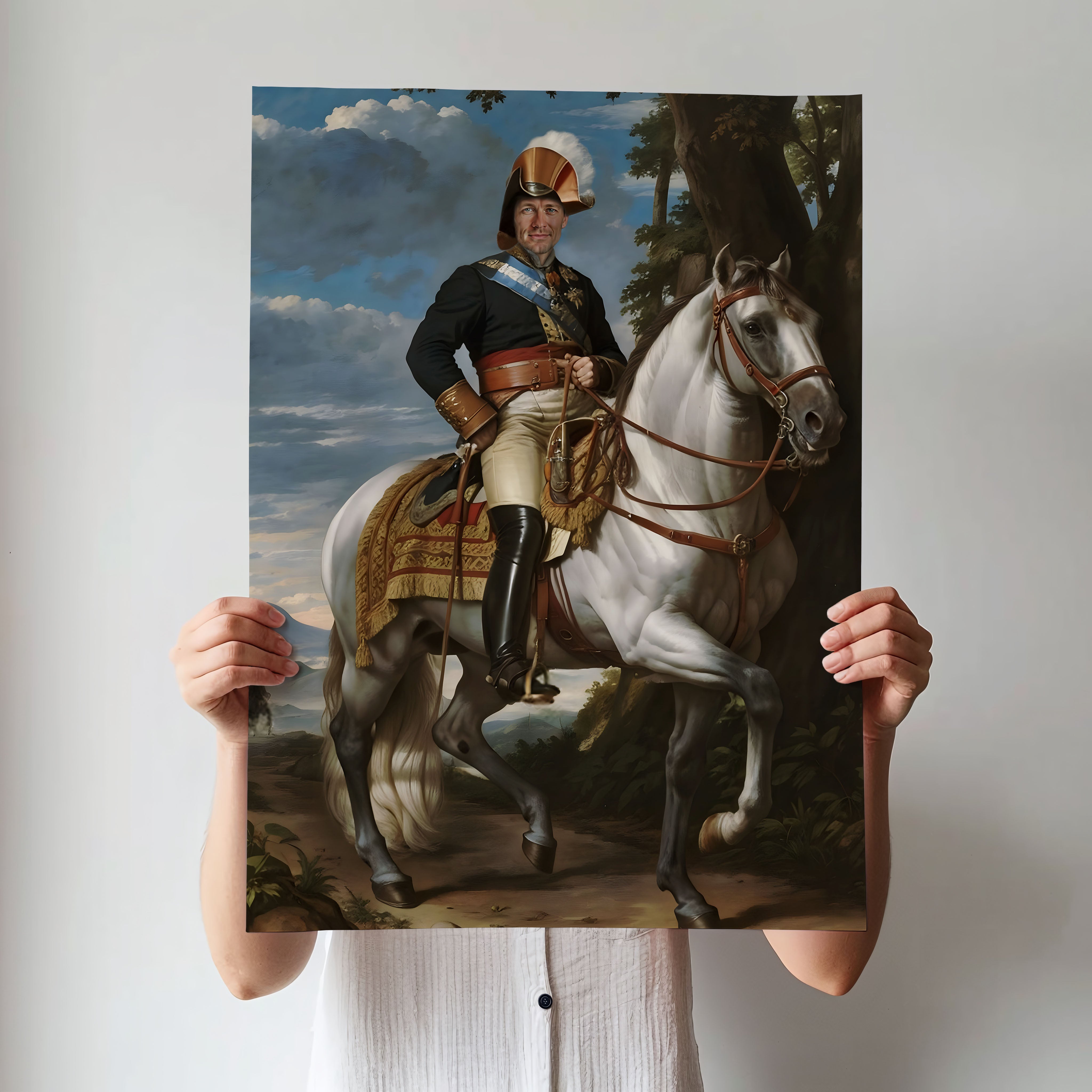 Custom Royal Horseback Portrait – Man on White Horse in Command Uniform