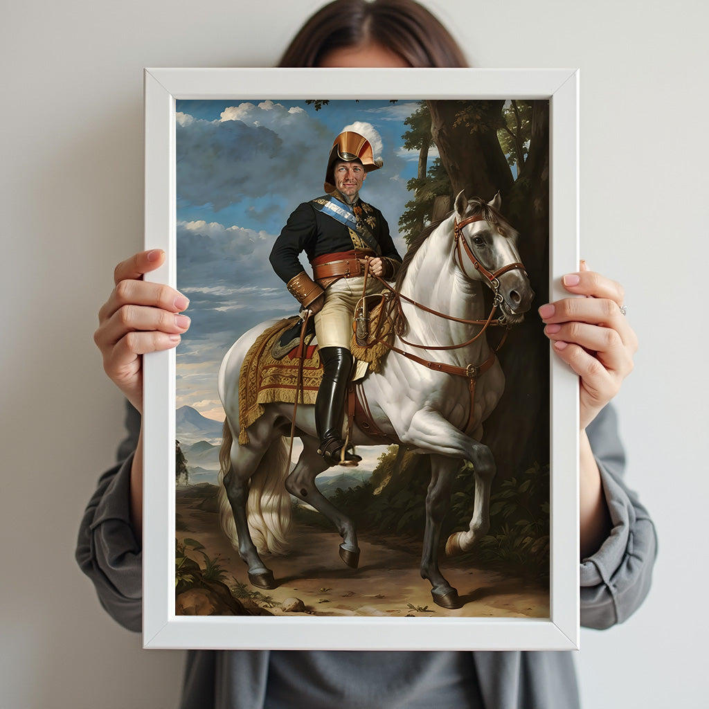 Custom Royal Horseback Portrait – Man on White Horse in Command Uniform