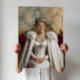 Custom female portrait with white royal gown and crown against a cloud-filled sky.