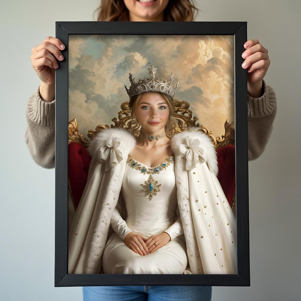 Custom female portrait with white royal gown and crown against a cloud-filled sky.