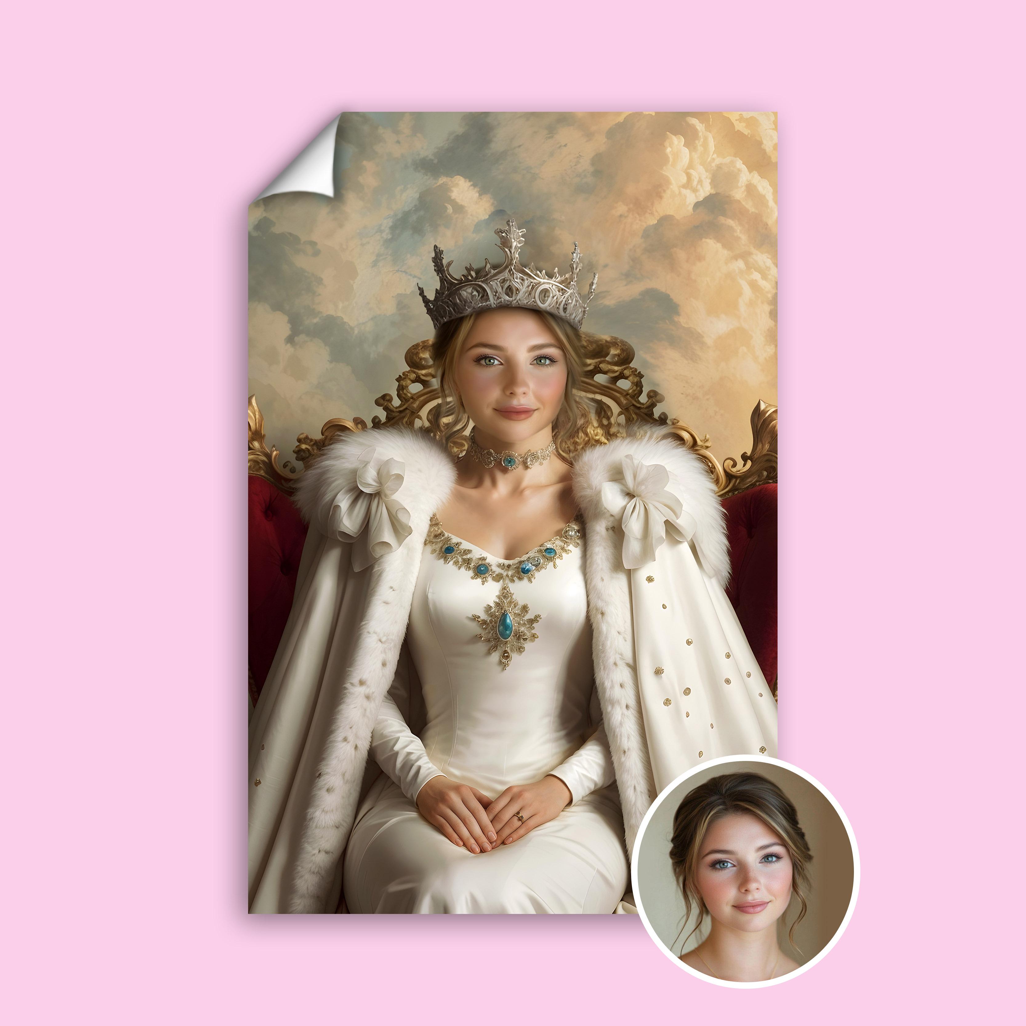 Custom female portrait with white royal gown and crown against a cloud-filled sky.