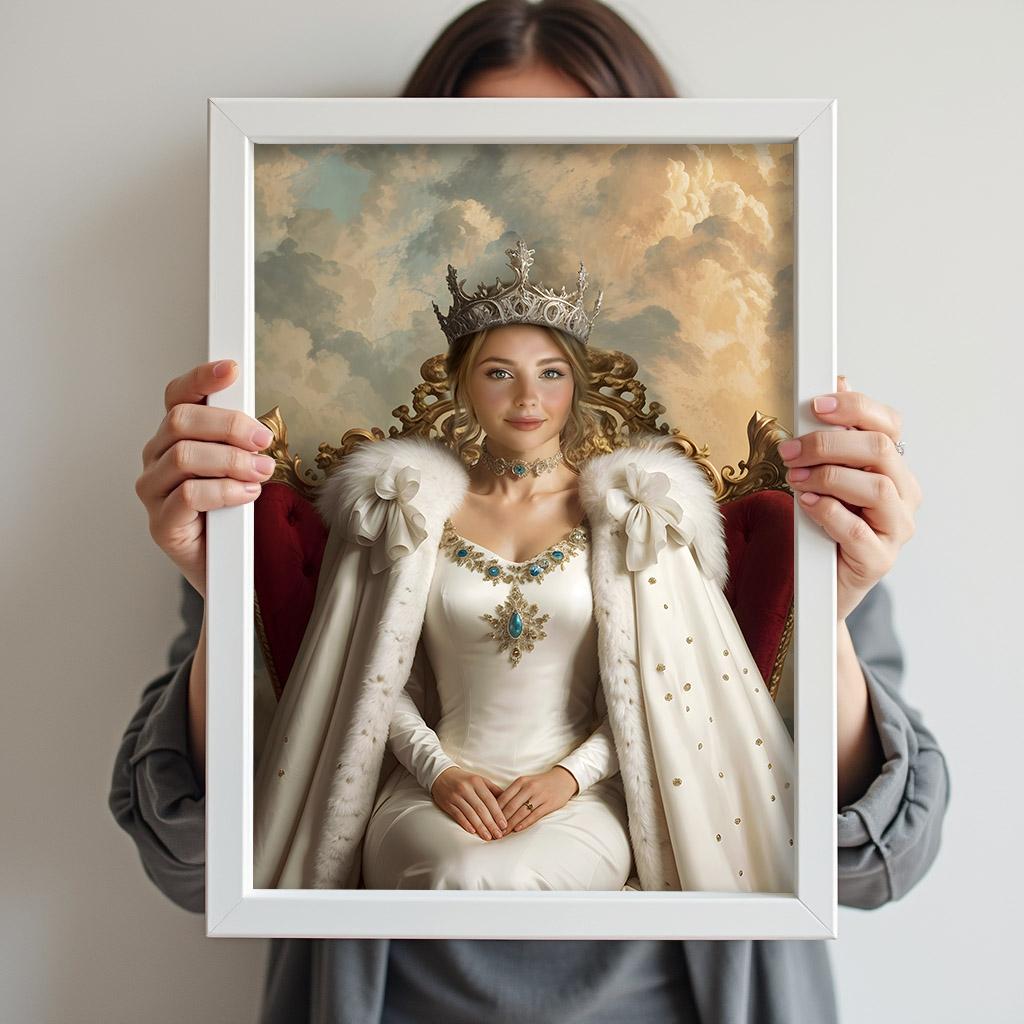 Custom female portrait with white royal gown and crown against a cloud-filled sky.