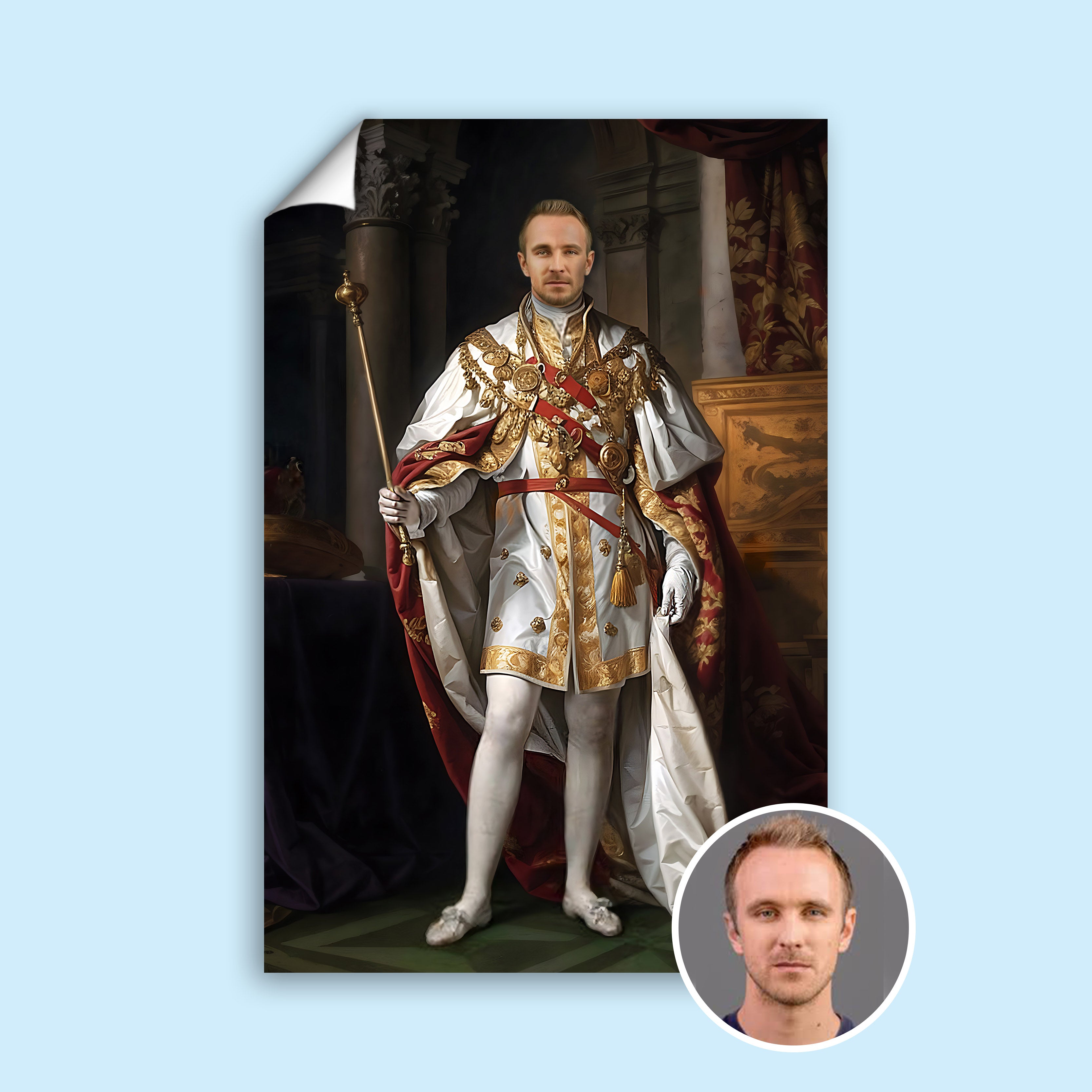 Custom White Regal Portrait – Man with Scepter and White Royal Cape