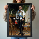 Custom European Monarch Portrait – Man in Red and Blue Robes with Hand on Table