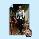Custom European Monarch Portrait – Man in Red and Blue Robes with Hand on Table