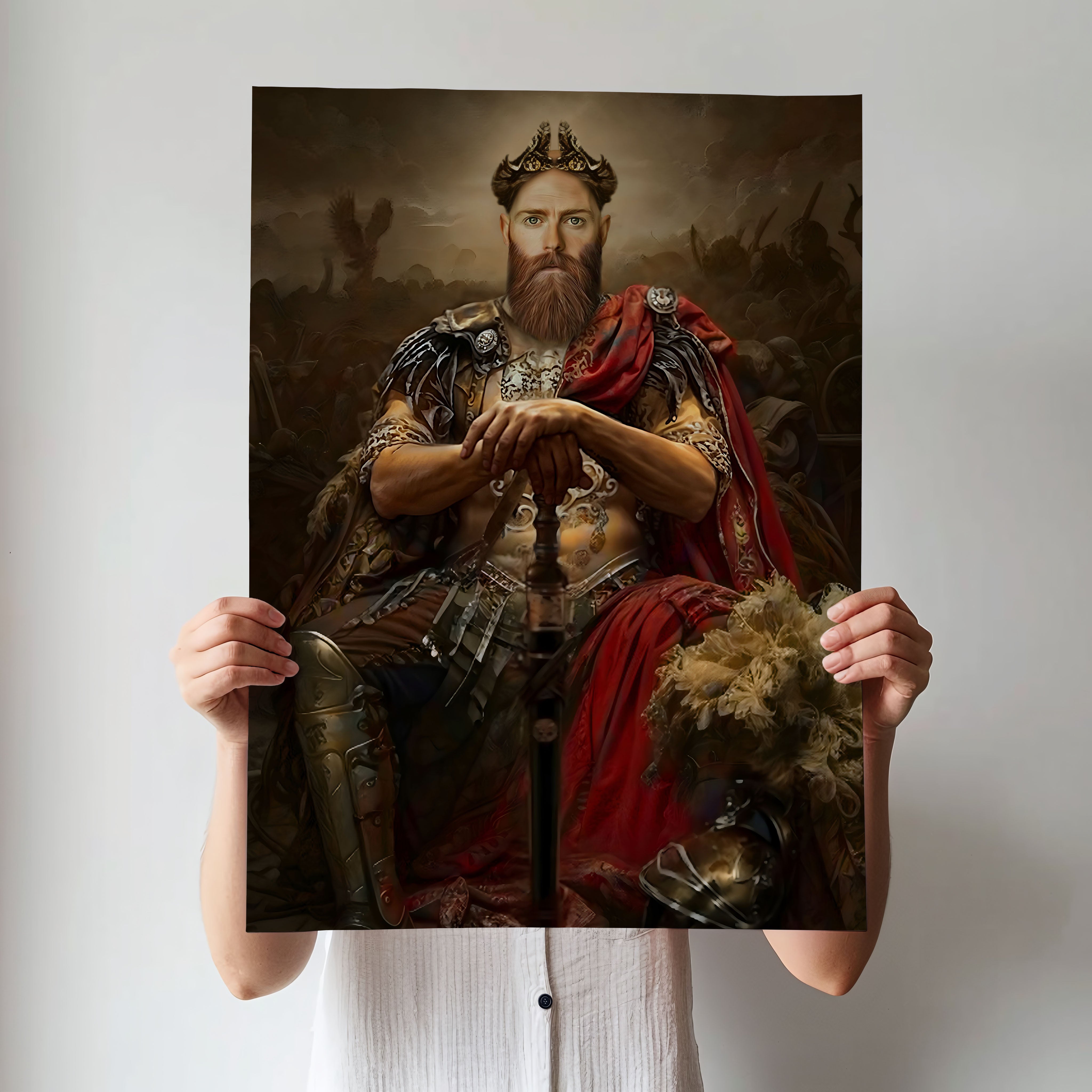 Custom Warrior King Portrait – Bearded Man on Throne with Armor and Crown
