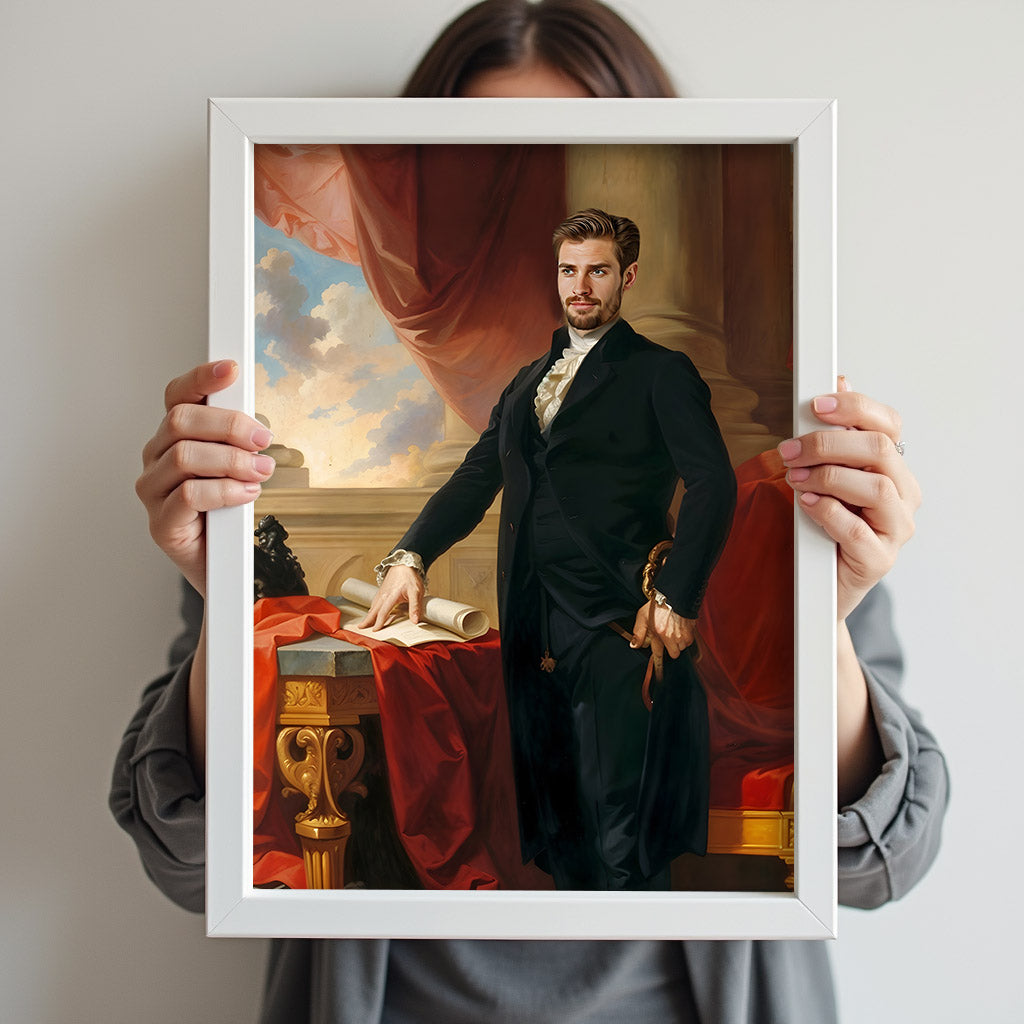 Custom Duke Portrait – Man in Black Suit with Scroll and Sword