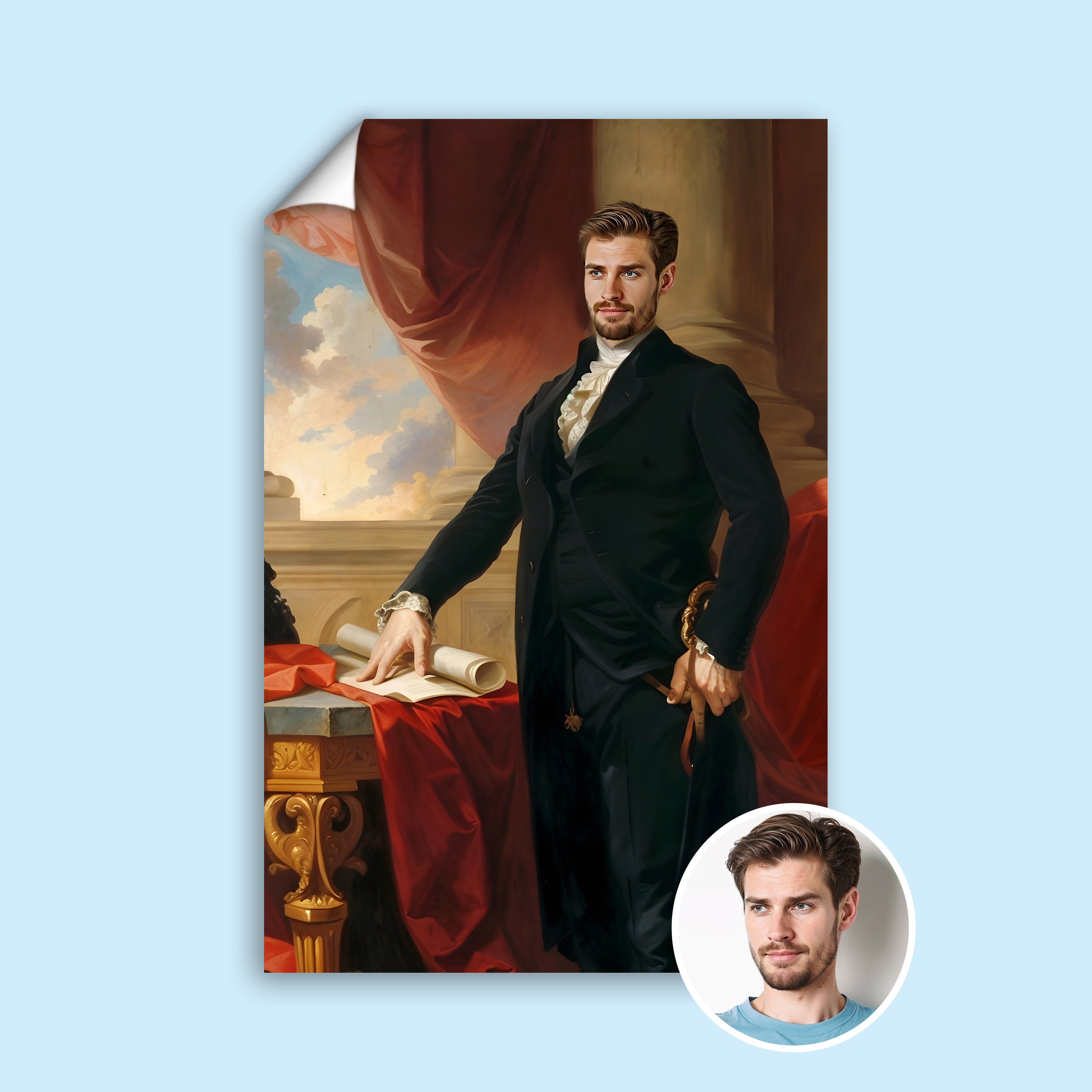 Custom Duke Portrait – Man in Black Suit with Scroll and Sword