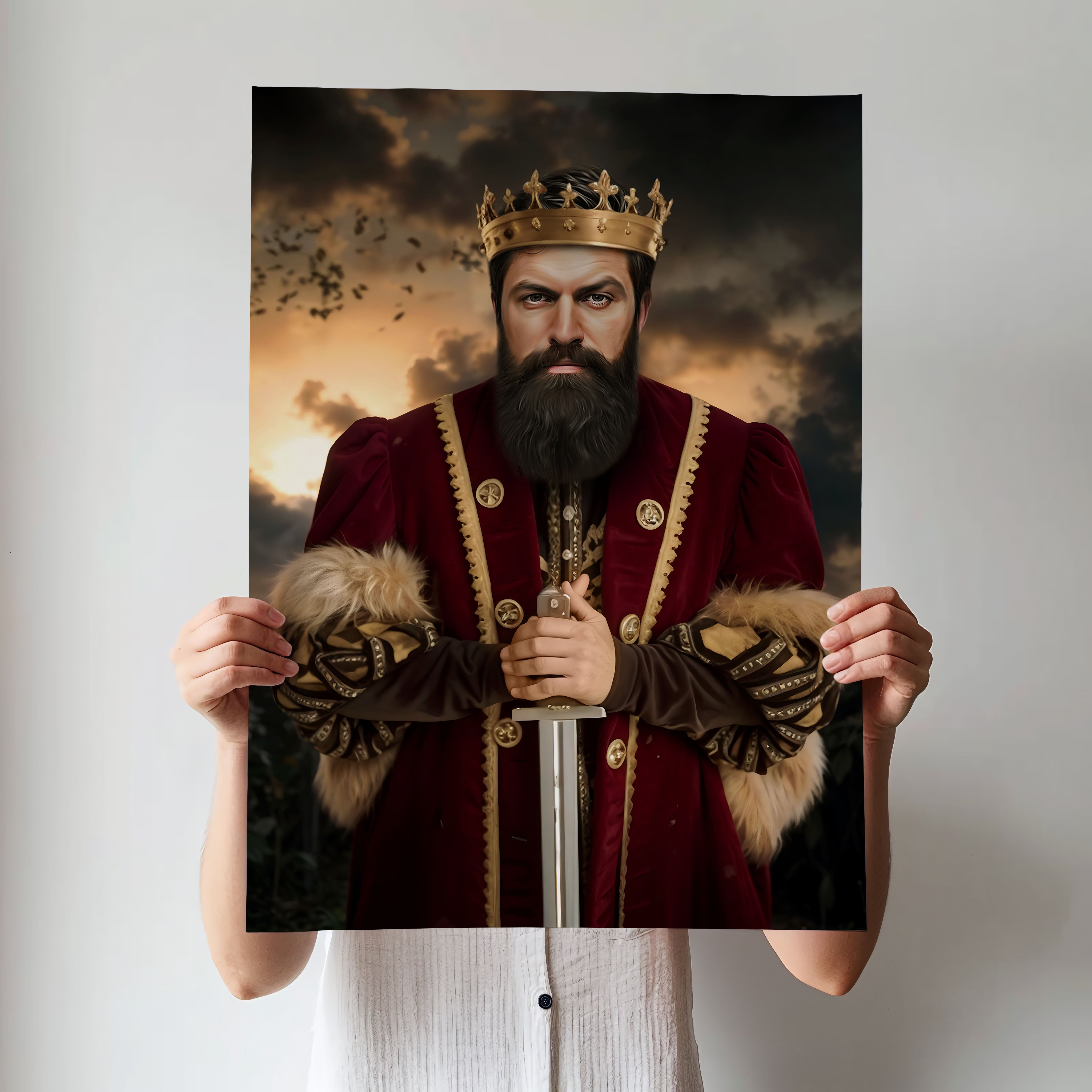 Custom Medieval King Portrait – Man in Crimson Robe with Sword