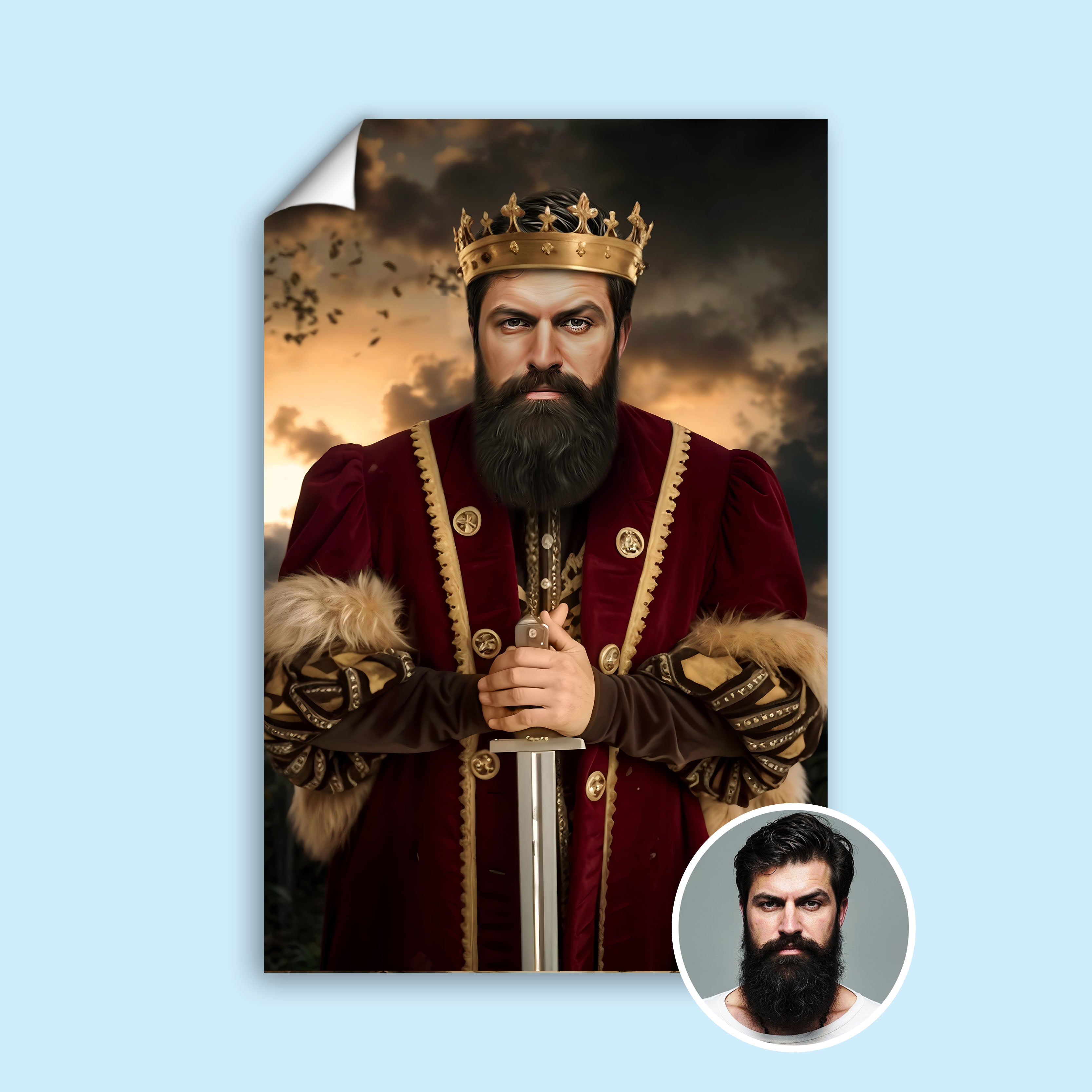 Custom Medieval King Portrait – Man in Crimson Robe with Sword
