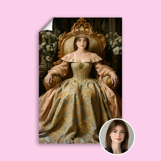 Golden Crown Queen Portrait - Noble Lady Sitting in Throne Art printed custom portrait held in hands - Furr and Family