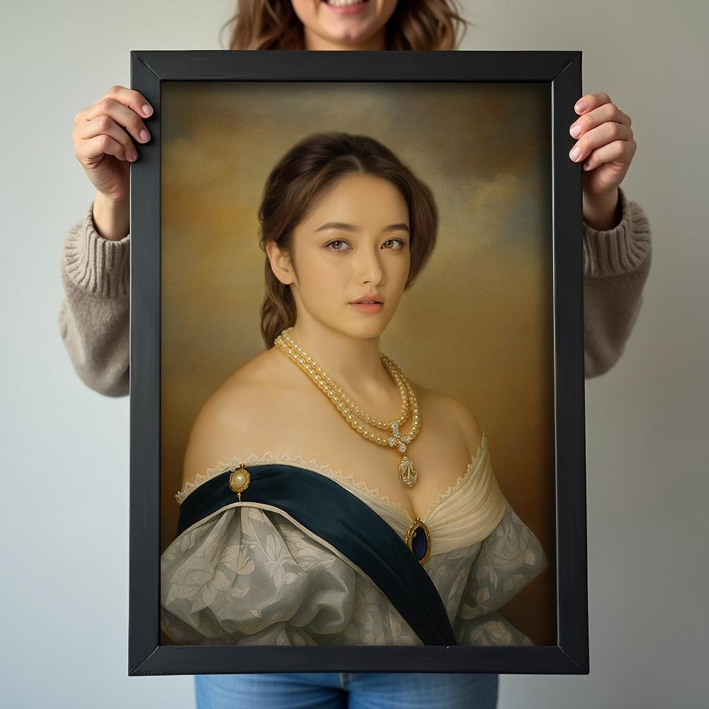 Custom Floral Duchess Portrait - Baroque Queen Print for Her printed custom portrait held in hands - Furr and Family