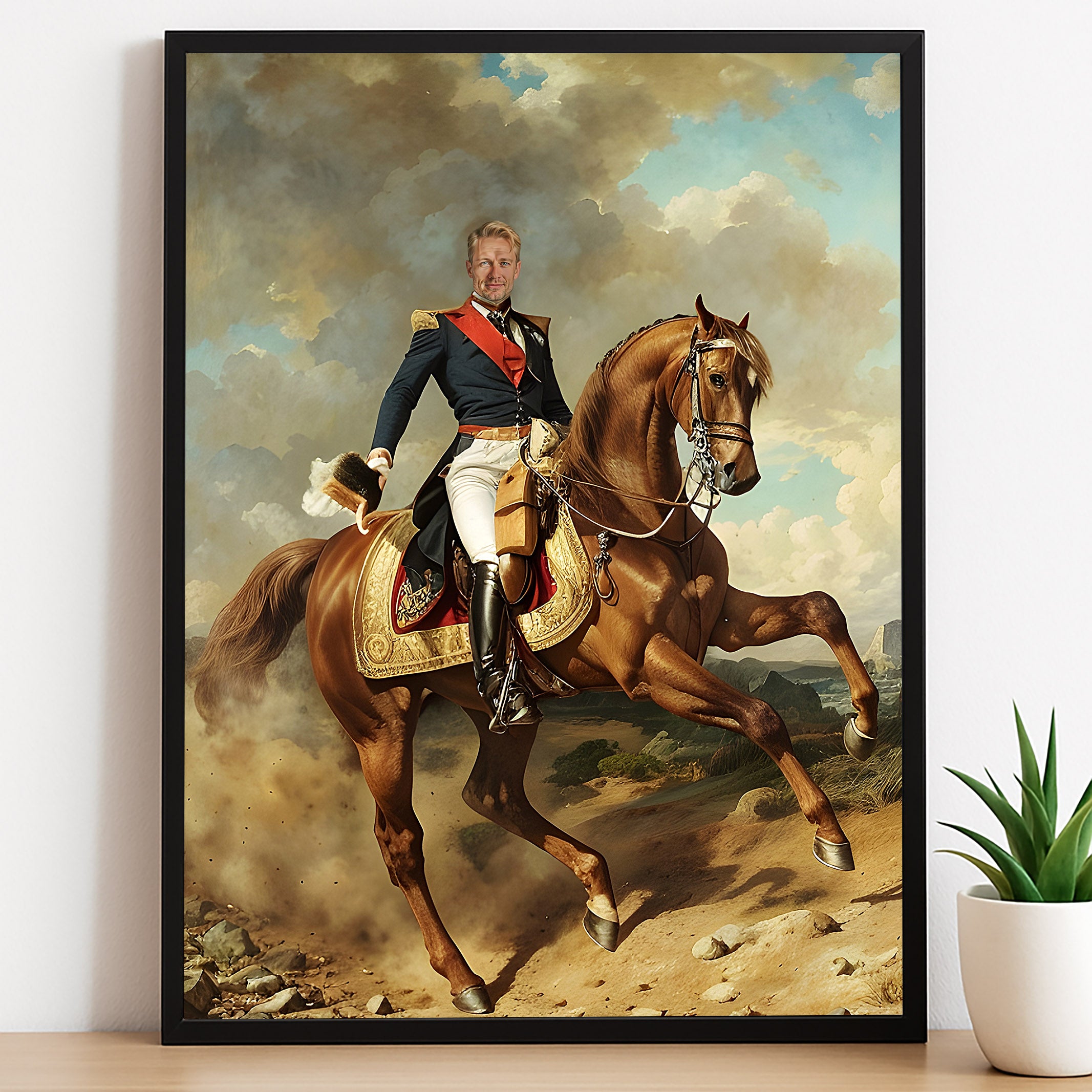 Custom Horse Commander Portrait – Man on Red Stallion in Military Uniform