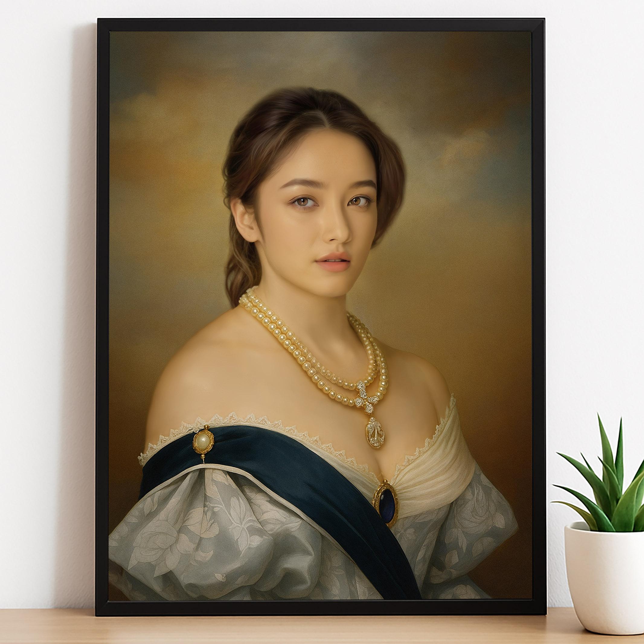 Custom Floral Duchess Portrait - Baroque Queen Print for Her printed custom portrait held in hands - Furr and Family