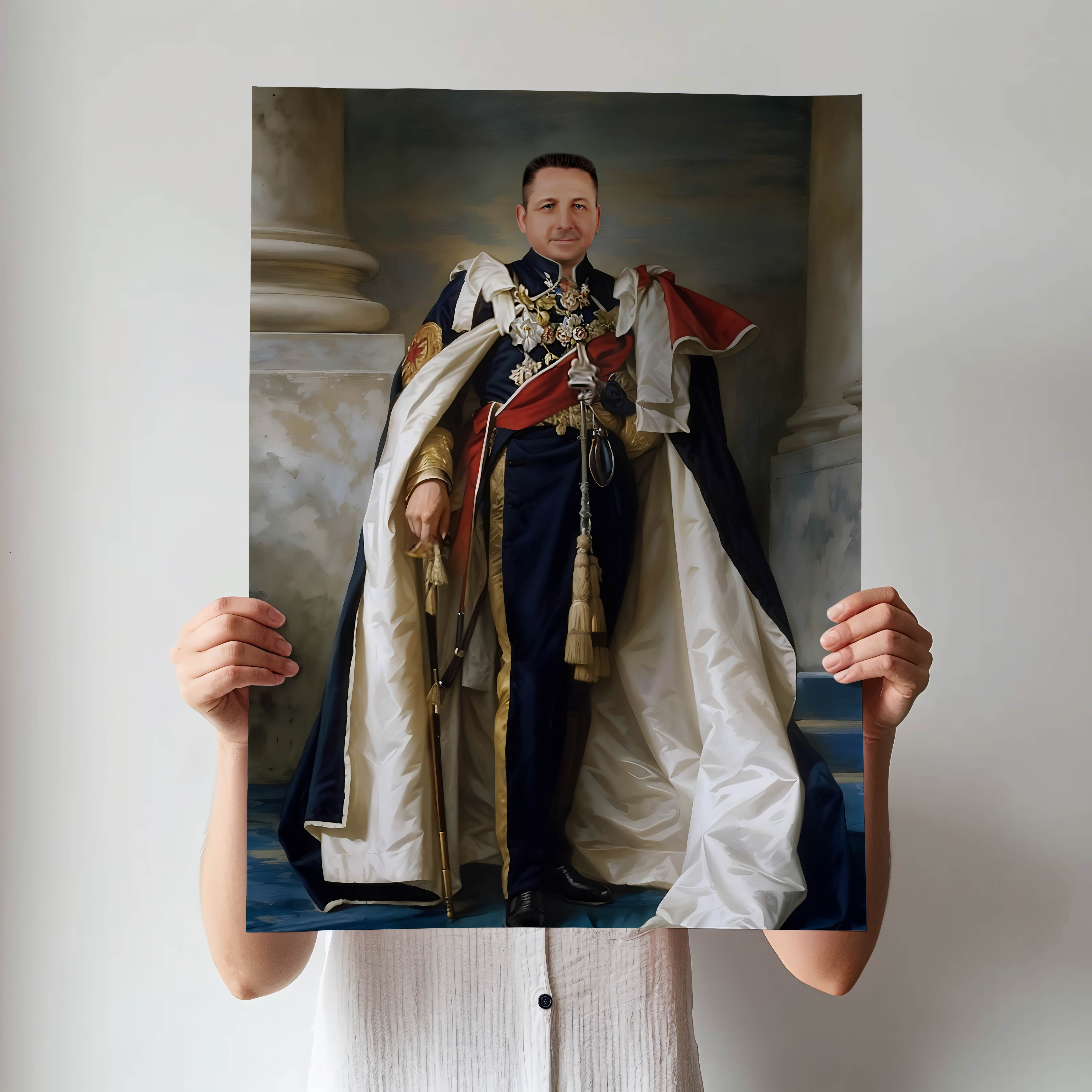Custom Blue Cape Portrait – Man in Royal Attire Holding Sword and Staff