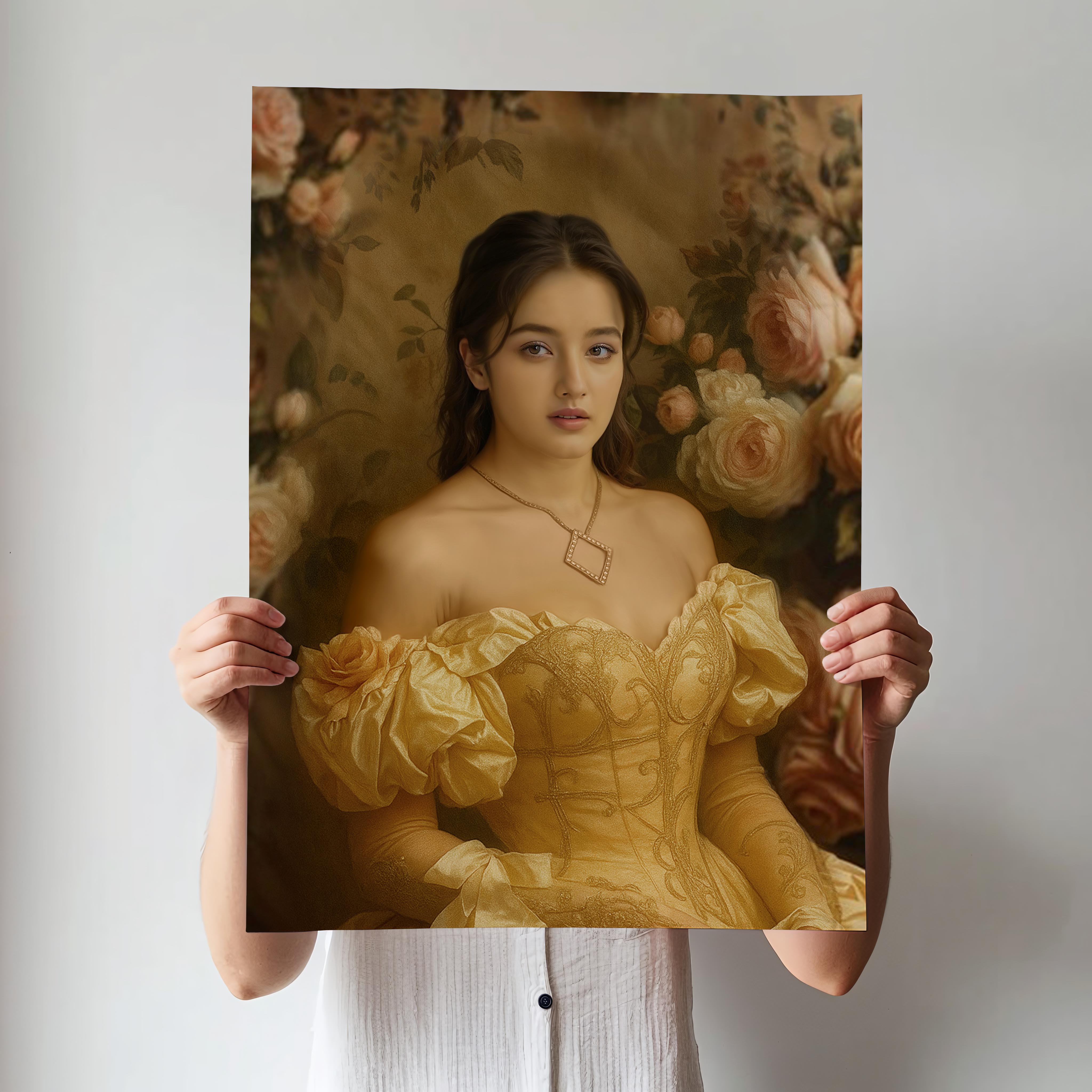 Victorian Pearl Queen Portrait - Regal Renaissance Style Wall Art printed custom portrait held in hands - Furr and Family