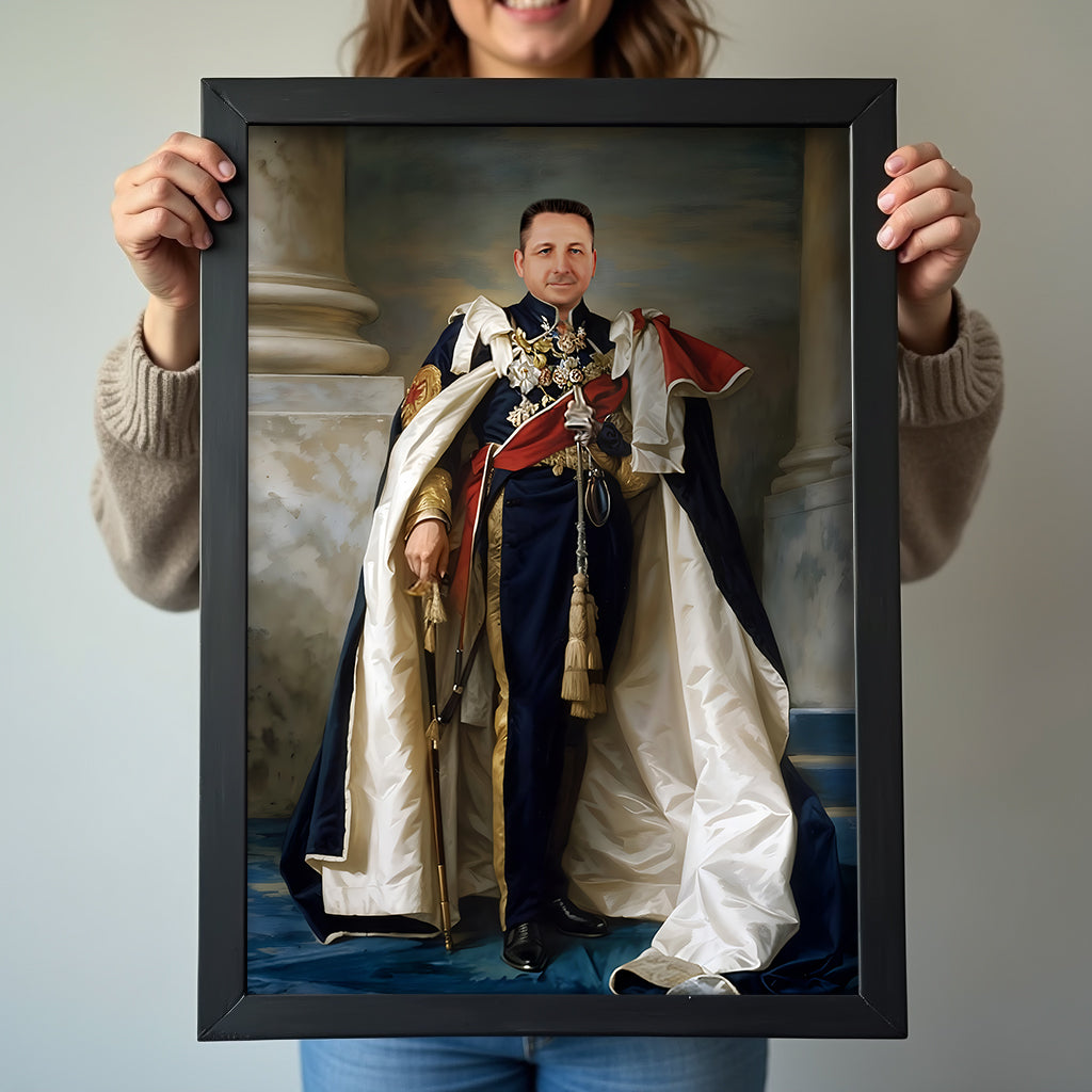 Custom Blue Cape Portrait – Man in Royal Attire Holding Sword and Staff