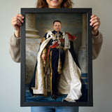 Custom Blue Cape Portrait – Man in Royal Attire Holding Sword and Staff