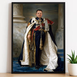 Custom Blue Cape Portrait – Man in Royal Attire Holding Sword and Staff