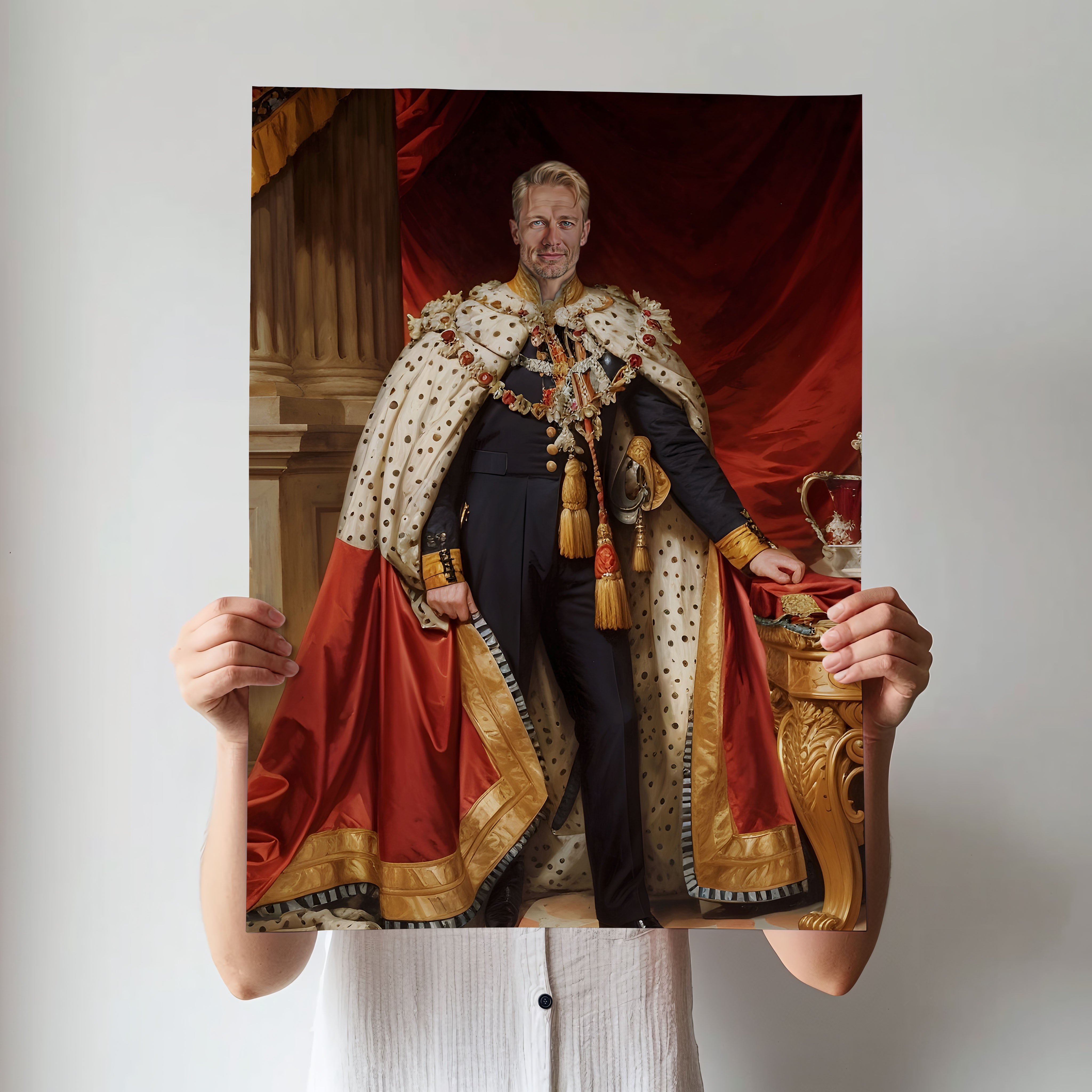 Custom Coronation Portrait – Man in Regal Cape with Crown and Scepter