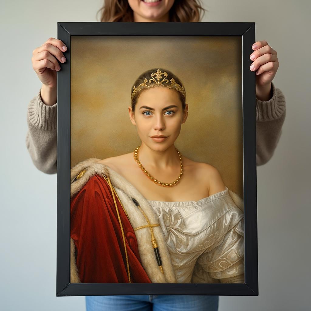 Elegant Female Monarch Painting - Personalized Classic Royal Look printed custom portrait held in hands - Furr and Family