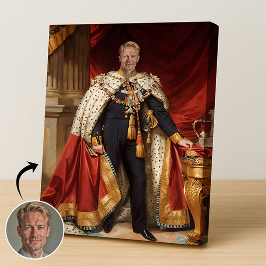 Custom Coronation Portrait – Man in Regal Cape with Crown and Scepter