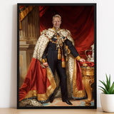 Custom Coronation Portrait – Man in Regal Cape with Crown and Scepter