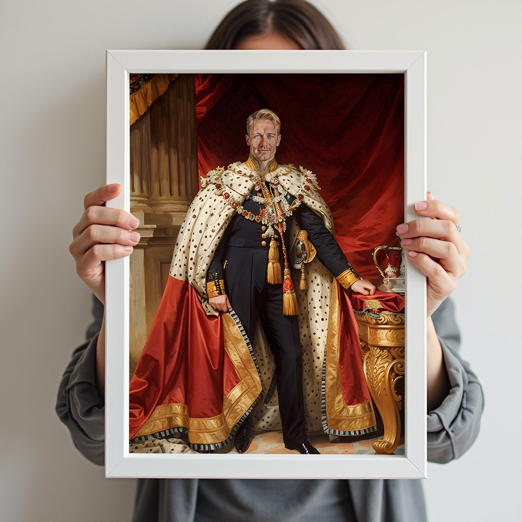 Custom Coronation Portrait – Man in Regal Cape with Crown and Scepter