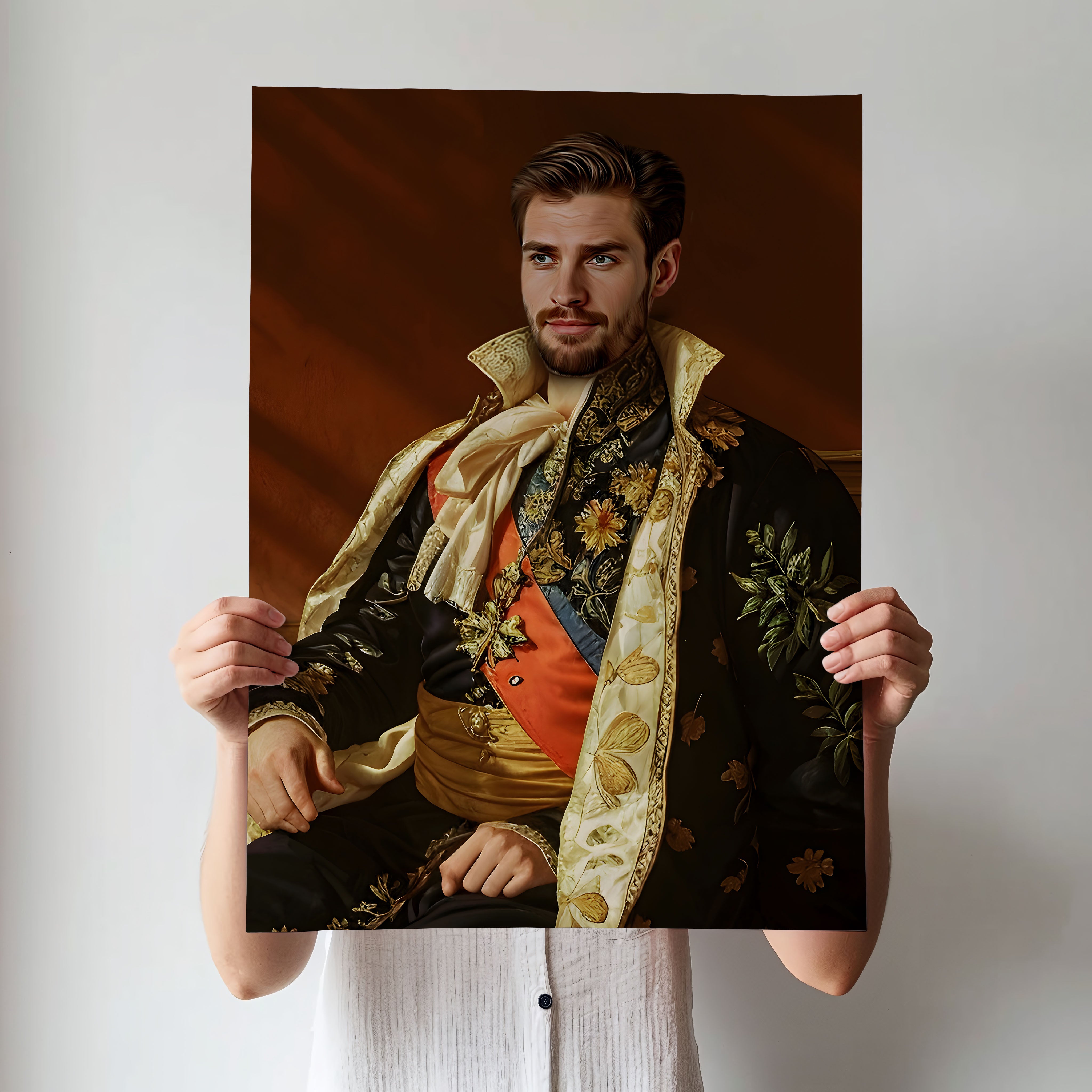 Custom Royal Embroidered Portrait – Man in Regal Floral Suit and Sash
