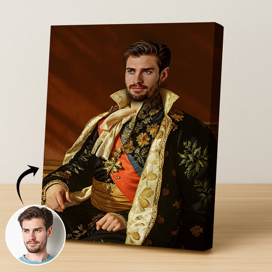 Custom Royal Embroidered Portrait – Man in Regal Floral Suit and Sash